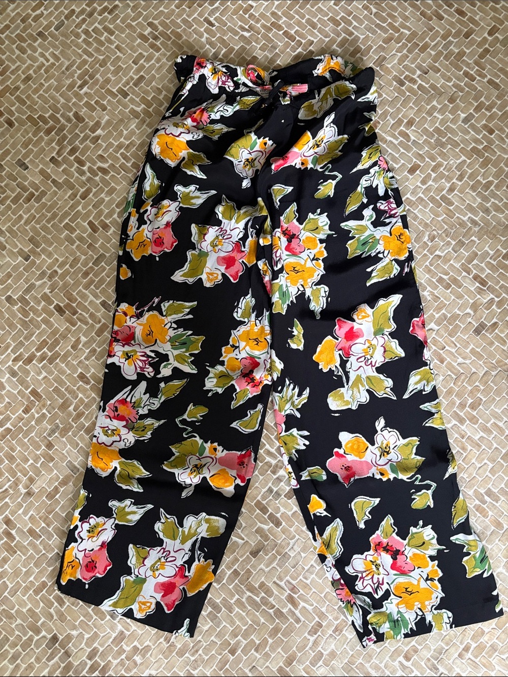 HENRI BENDEL  Black Floral Tie-Waist Pants with Pink & Yellow Blooms, size Small